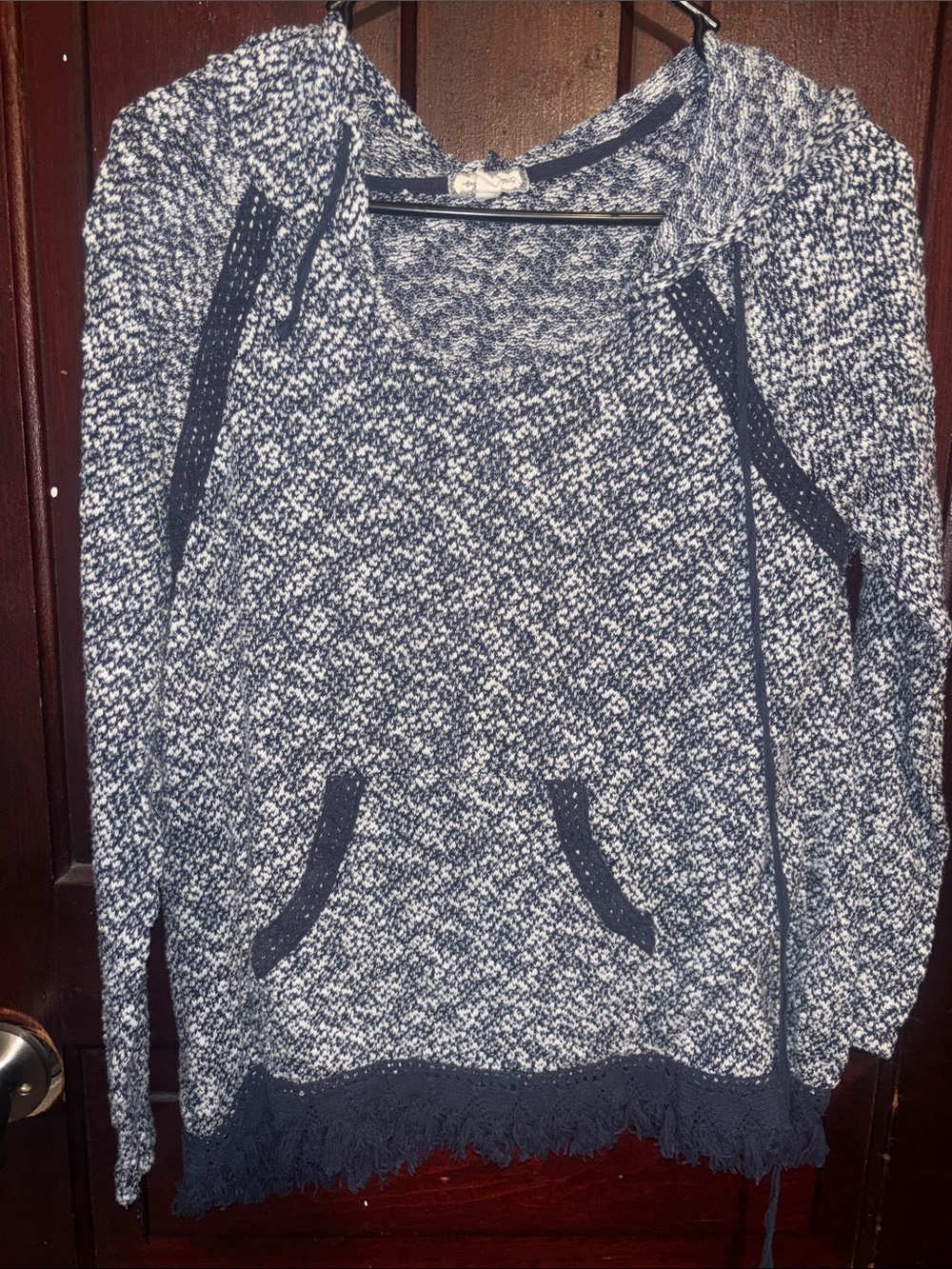 Eyeshadow Navy and White Marled Hooded Sweater with Fringe
